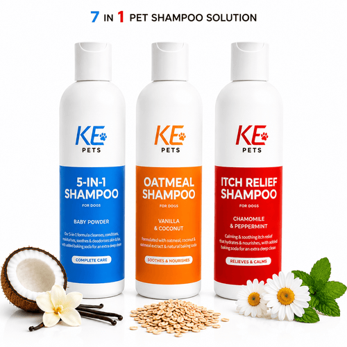 Pet Shampoo Set for Dogs and Cats 7-in-1 Formula for Deep Cleaning Moisturizing Soothing Deodorizing and Nourishing Grooming Three Pack
