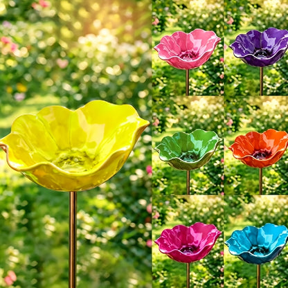 [3D] Handmade Metal Flower Garden Stake with Bee Bath Bird Water Bowl Decorative Outdoor Yard Art, Butterfly & Pollinator Watering Station, Weather-Resistant Garden Decor Gift