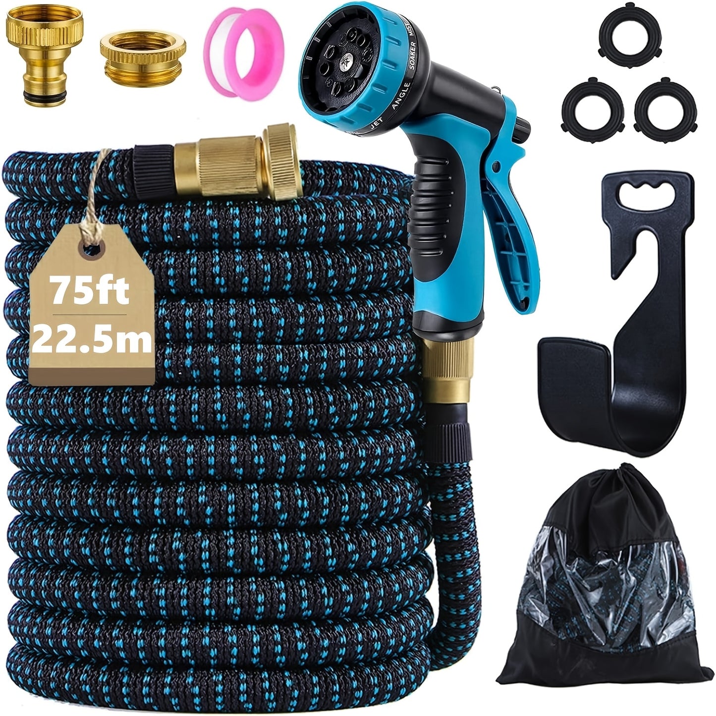 (7.5/15/22.5/30/45 Meter) Expandable Retractable Garden Hose Set - Durable Rubber, Leak-proof, No-Kink, Lightweight Outdoor Flexible Hose with 10 Modes Water Spray Gun for Yard, Farm, Gardening, Outdoor, Car, Pet Cleaning