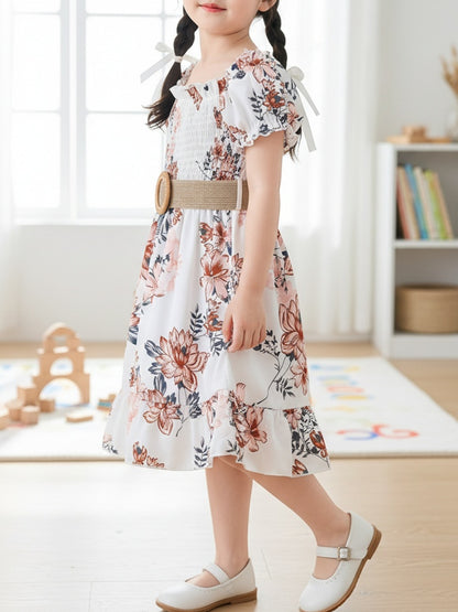 White Waist-Cinching Print Short-Sleeve Round-Neck Casual Dress for Girls