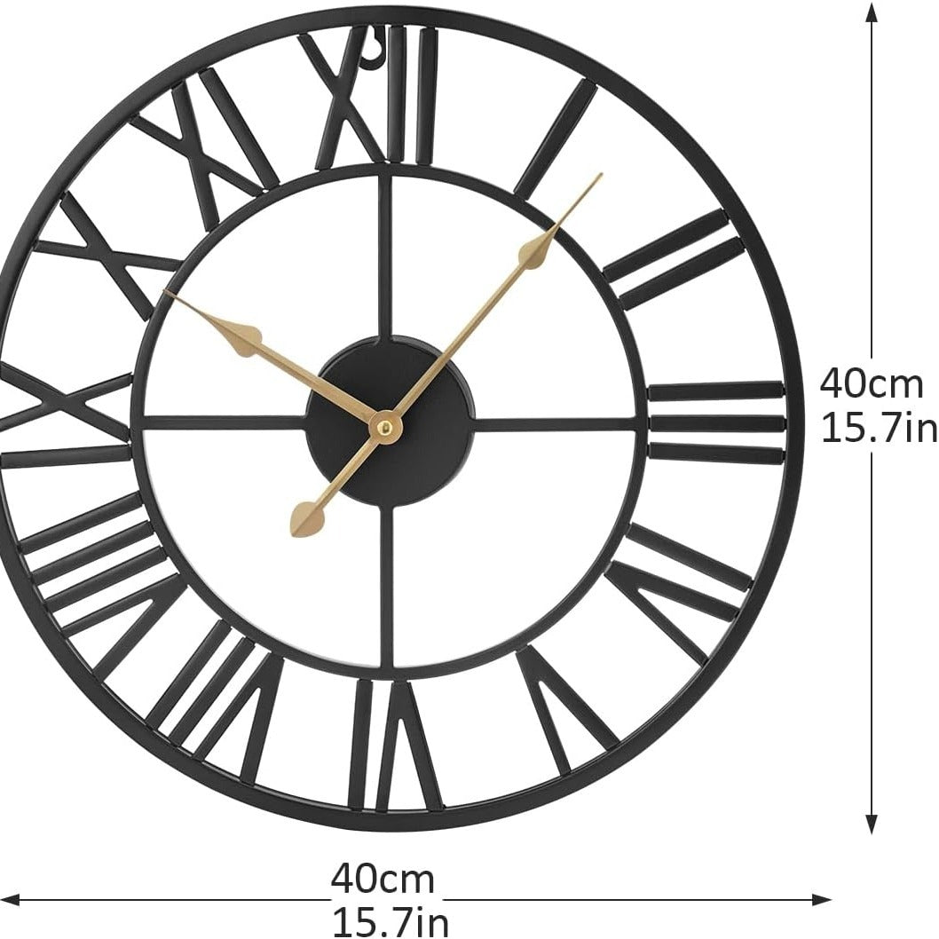 Large Wall Clock Metal Vintage Large Black Wall Clock Round Silent Skeleton Roman Numerals Hanging Clock Battery Wall Clock for Living Room Bedroom Kitchen Hotel Office Black
