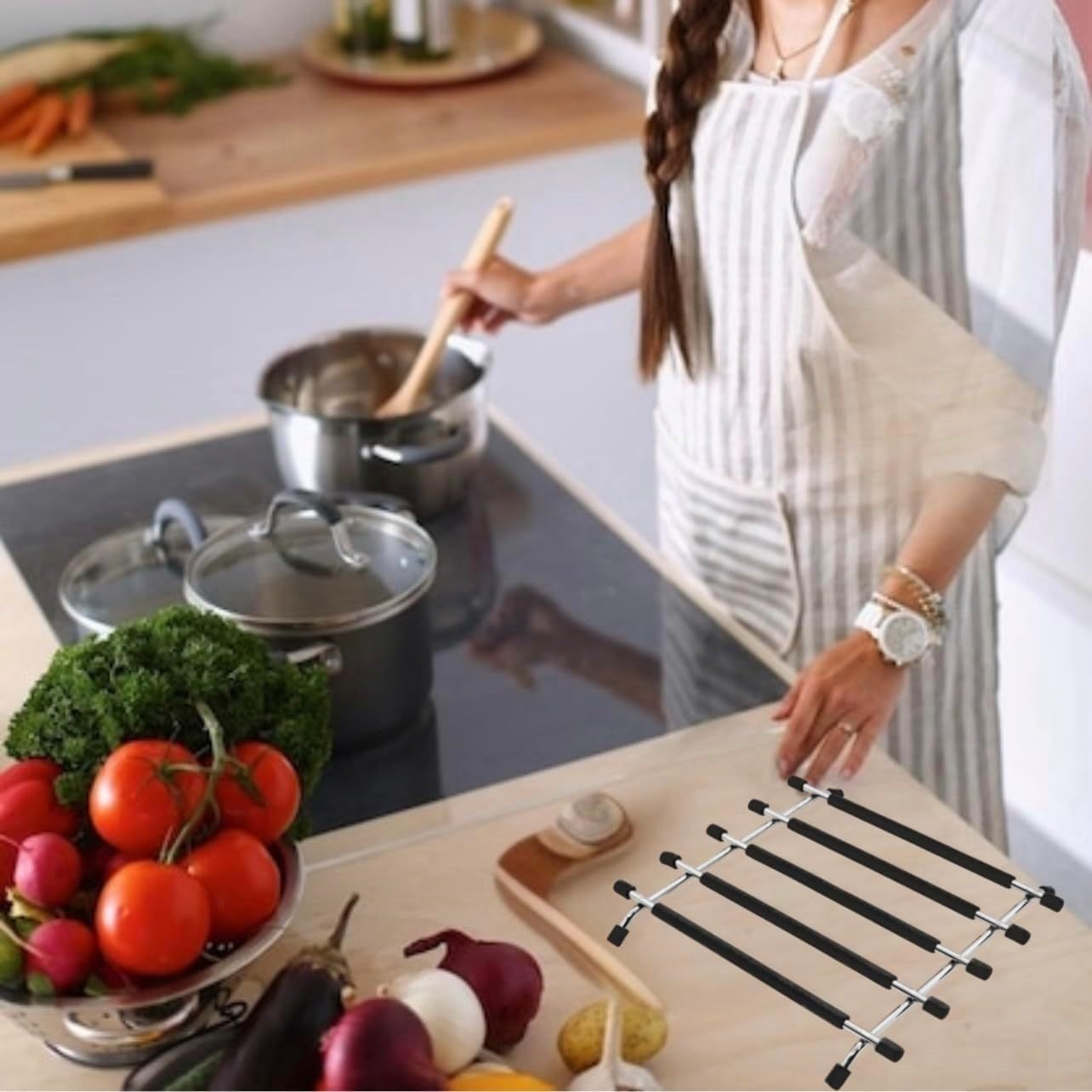 2pack Kitchen Trivet Stand with Anti Slip Base Stainless Steel Trivets for Kitchen Worktops, Hot Pans, Hot Trays & Plates Stand Heatproof Kitchen Accessories Table Mats Placemats (Black (pack of 2))