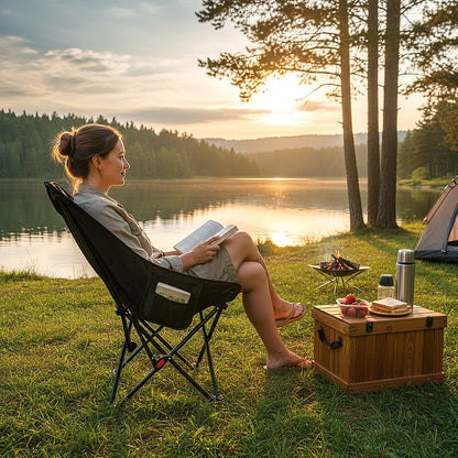 Portable High-Back Moon Chair (Three-Position Adjustment) Seat or Recline, Side Storage Pocket,Foldable Outdoor Chair Camping Picnic Lounger, Midday Rest Fishing Chair, Garden Seat Three Colours Available (Complimentary Storage Bag)