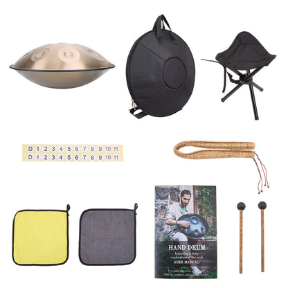 440Hz D minor Stainless Steel Handpan Drum or Sound Healing and Meditation 9-Tone Deep Golden with Carry Bag, Stand, 2 Hand Mallets, Music Note Stickers, Wiping Cloth