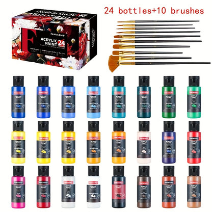 Fantastory 24/36pcs Acrylic Paint Set, 24/36Classic Colors(2oz/60ml), Professional Craft Paint, Art Supplies Kit for Adults, Canvas/Fabric/Rock/Glass/Stone/Ceramic/Model/Wood Painting with 10 Brushes.