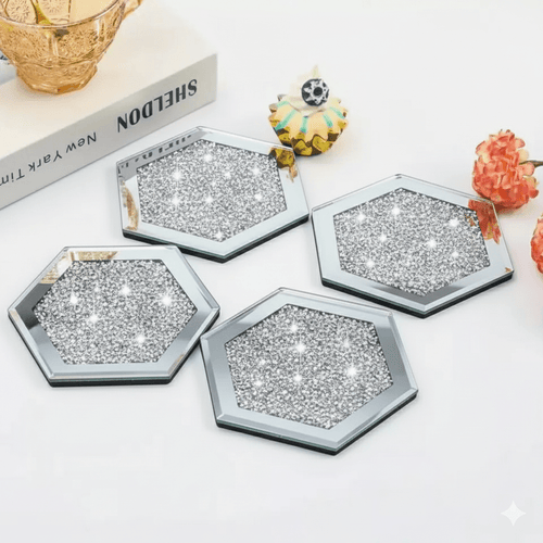 SERENA'S ® Set of 4 Hexagon Crystal Coasters – 10cm Glass Mirrored Drink Coasters with Glitter Crushed Diamond Design – Elegant Coasters for Home, Kitchen, Bar, or Table Decoration
