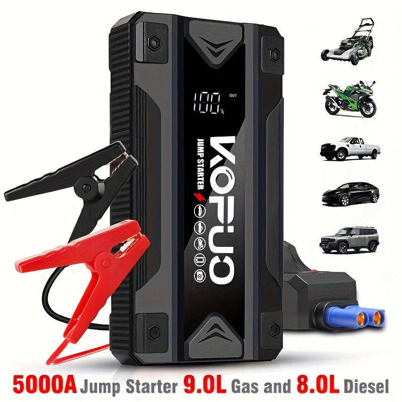 KOPUO 3000A/5000A Car Jump Starter (9L Gasoline/8L Diesel) Portable Car Jump Starter, 12V Car Battery Jumper Starter with Safety Jumper Cables, Fast Charging Car Battery Booster Jump Starter, Lights, Compact, Camping Essentials