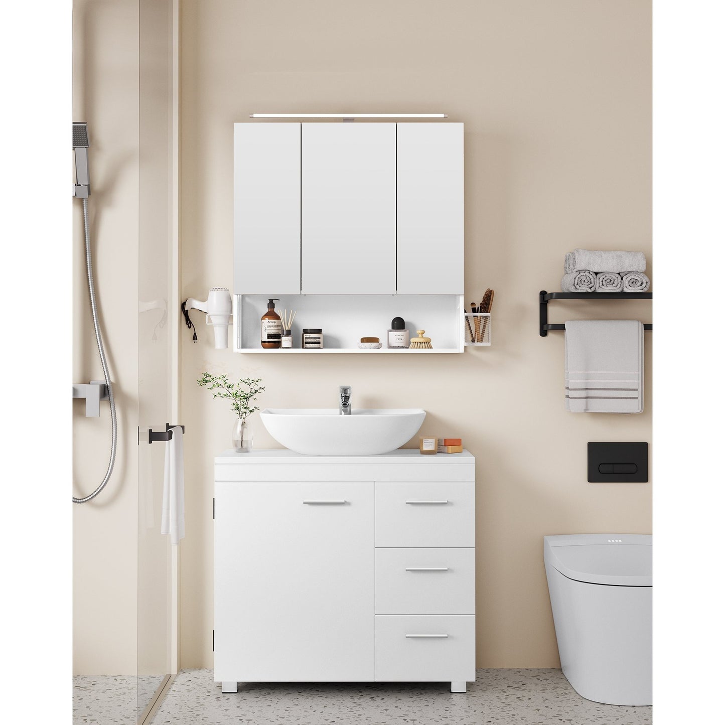 Under Sink Bathroom Cabinet, Storage Cabinet, with 3 Drawers, for Washbasins with Pedestal, 30 x 70 x 64 cm，Cloud White and Natural Beige