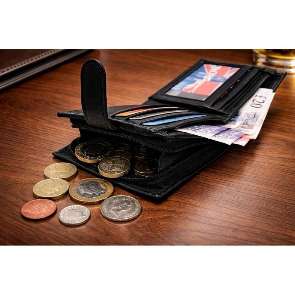 Men's Genuine Leather RFID Blocking Bifold Wallet – 7 Card Slots, ID Window, Zip Coin Pocket & Note Pockets | Slim Black Wallet for Men | Free UK Delivery