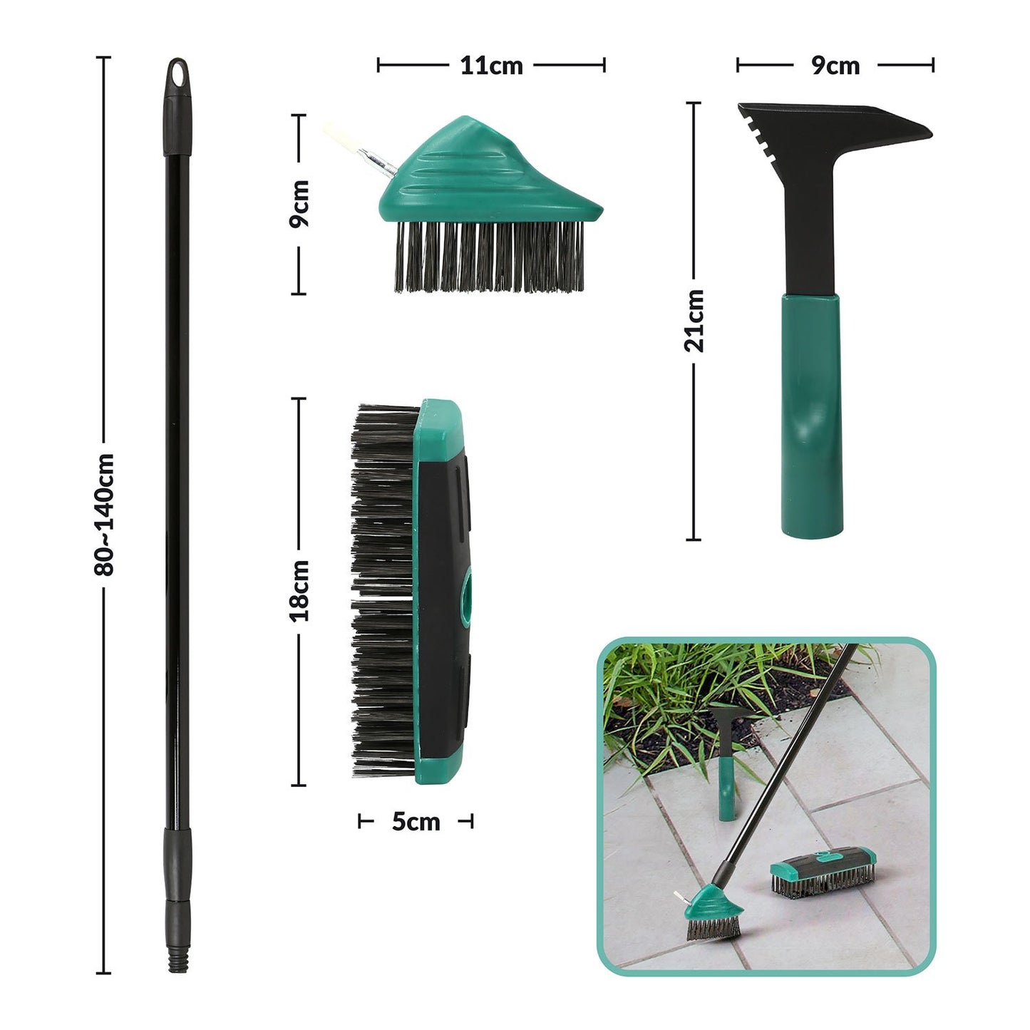 Taylor & Brown 4 in 1 Telescopic Weed Remover Brush Wire Head Paving Decking Clean Scrub Moss Weed Remover Tool Wire Brush Scraper Set with Metal Broom & Weed Removal Head Green