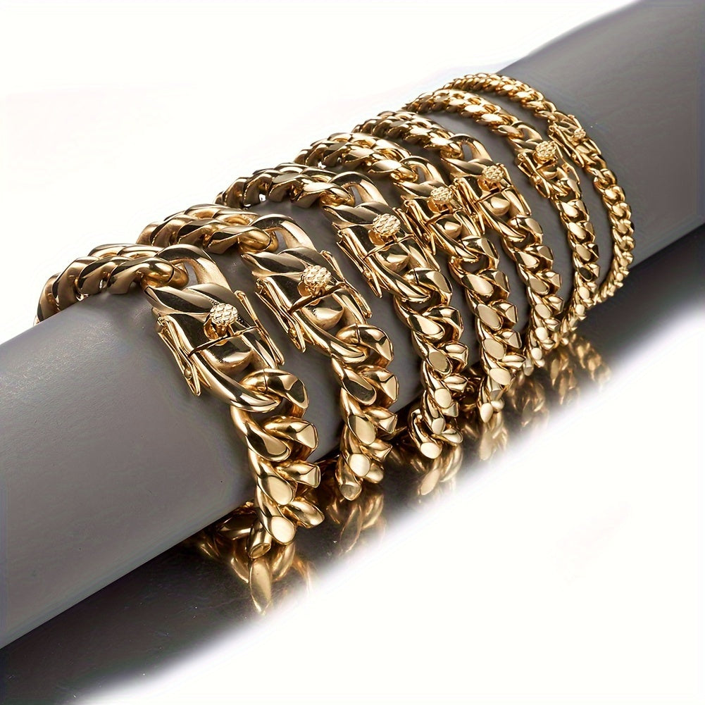 304L 304L Stainless Steel Artificial Round Polished Surface Plated 18K Gold Plated Width 10Mm Golden Cuban Bracelet 'Necklace' Suitable for Men And Women Hip Hop Fashion Accessory Jewelry