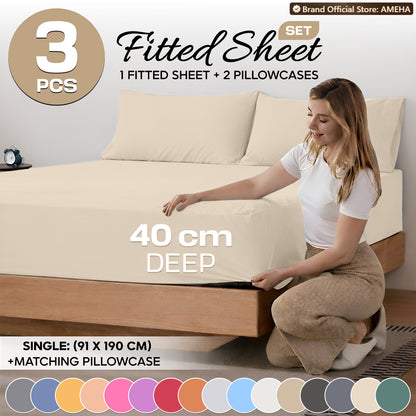 3pcs 40cm Extra Deep Fitted Sheet – Solid Color Soft & Comfortable Bed Sheet with 2pcs Matching Pillowcases, Breathable Fabric Soft Brushed Microfiber Bedding, Machine Washable for Home Bedroom, Hotel