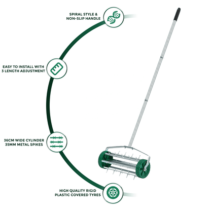 Manual Grass Spikes Roller, Garden Rolling Lawn Aerator with 3pcs Removable Metal Handle, Heavy Duty Outdoor Garden Lawn Tool, Green