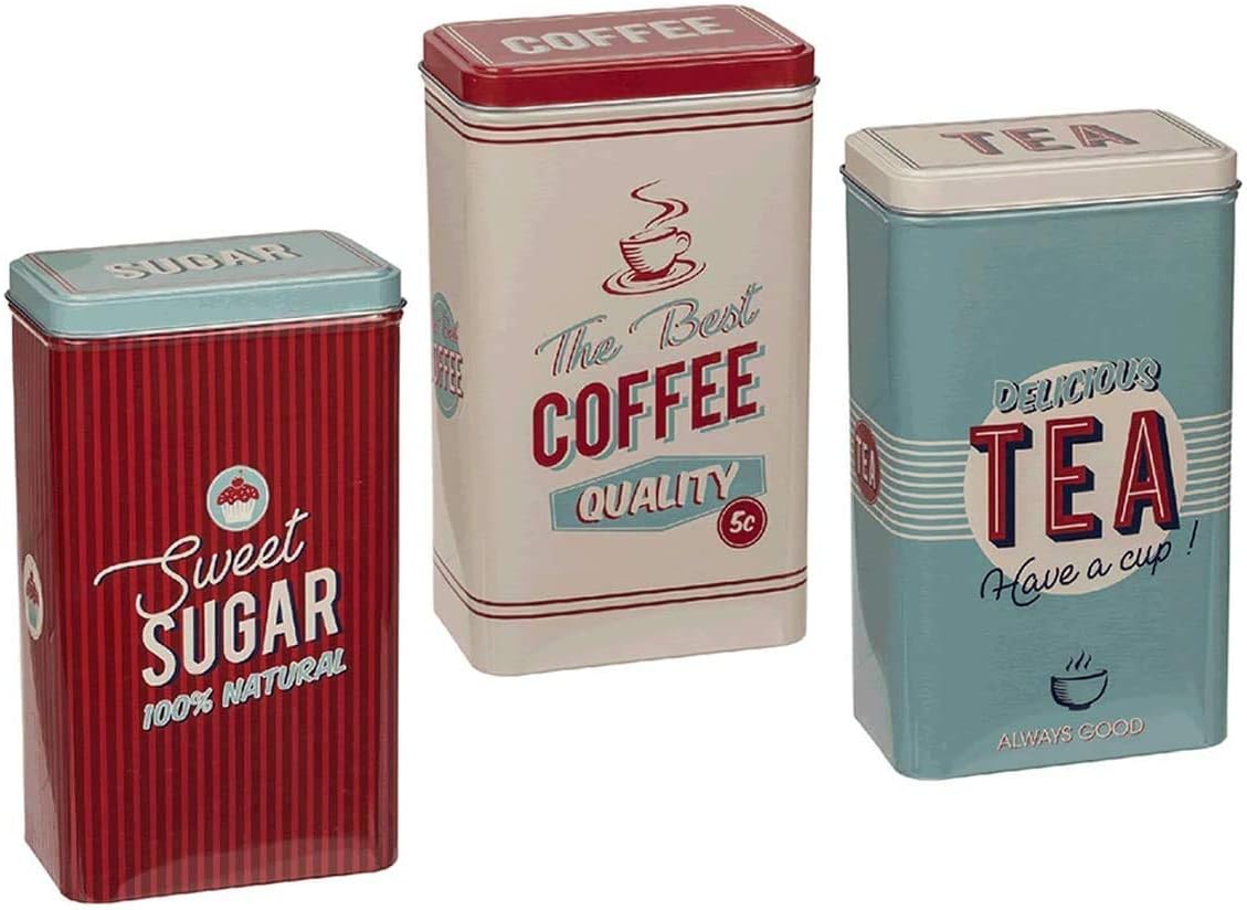 Almineez Retro Set of 3 Stainless Steel Tea Coffee Sugar Jar Canisters Kitchen Container Tins Storage Organiser Set Air Tight Vintage Design