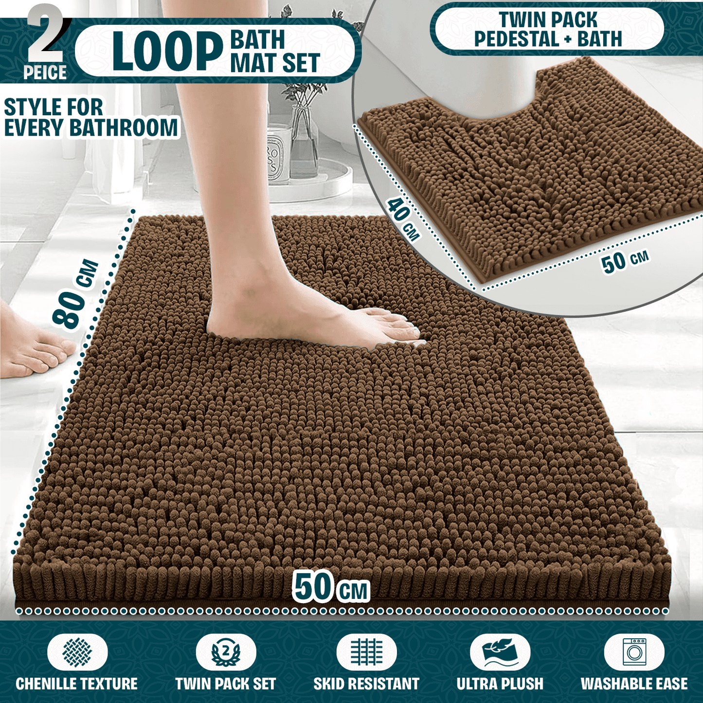 2-Piece Loop Bathroom Mat Set | Soft Chenille Microfiber Rugs with Non-Slip Backing | Machine Washable | Includes 50x80cm Bath Mat & 50x40cm Pedestal Mat | Stylish, Comfy & Durable | UK STOCK | LOCAL WAREHOUSE