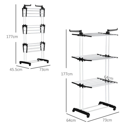 4 Tier Large Clothes Airer with Wings, Retractable Folding Drying Rack with Wheels for Indoor & Outdoor Use, 190 × 64 × 170 cm, Grey