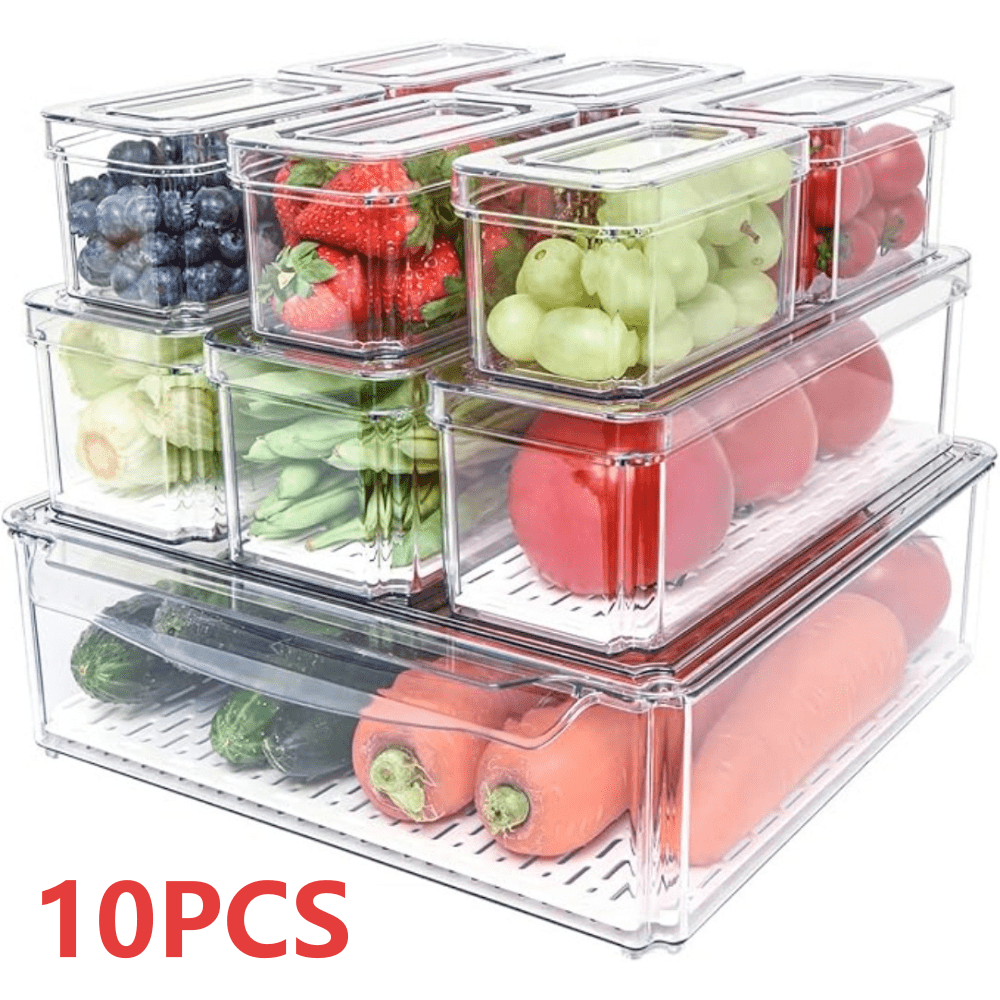 10pcs Stackable Kitchen Storage Box Set, Fruit Vegetable Snack Fresh-Keeping Containers with Lids, Transparent Plastic Organizer Boxes (Large: 30*30*9.8cm, Medium: 26.5*9*8.5cm, Small: 12.3*7.5*7cm)