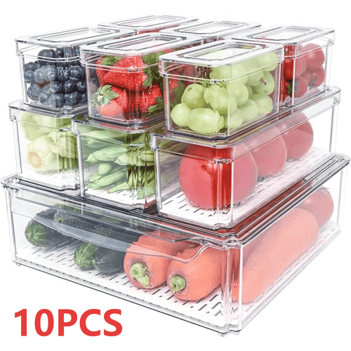 10pcs Stackable Kitchen Storage Box Set, Fruit Vegetable Snack Fresh-Keeping Containers with Lids, Transparent Plastic Organizer Boxes (Large: 30*30*9.8cm, Medium: 26.5*9*8.5cm, Small: 12.3*7.5*7cm)