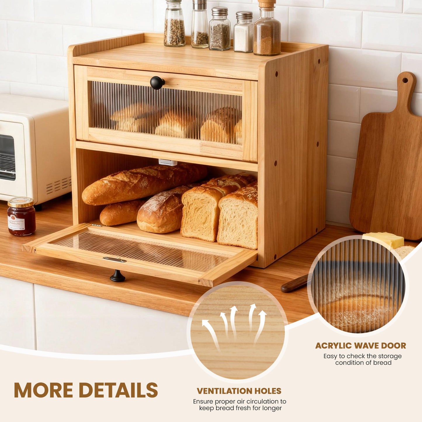 Double Layer Bread Box for Kitchen Counter, 2 Decker Large Wooden Bread Bin, Corner Bread Storage Container with Acrylic Windows, Dry Food Container with Air Vents to Keep Fresh, Self Assembly