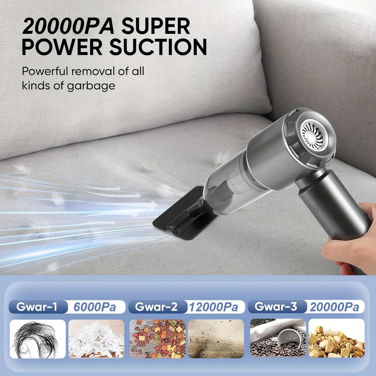 QILIEASY: 2026 New 100W High-Power Handheld Car Vacuum Cleaner with 20000Pa Powerful Suction, Wet and Dry Vacuum with Suction and Blowing Functions, Equipped with Hose and Crevice Tool, 2000mAh*3 Large-Capacity Battery