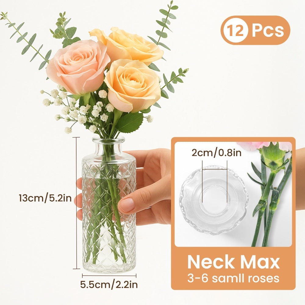 A set of 12 glass bud vases, small retro glass vases, minimalist retro dining table center decorations, home decor, wedding parties, restaurants, floral arrangements, tea lights, candle holders, desktop decorations