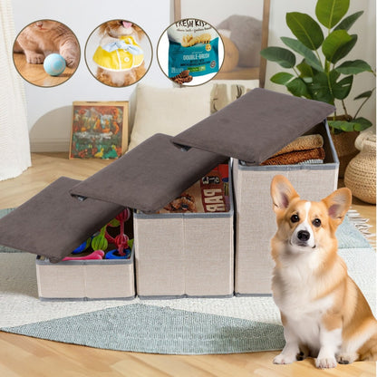 Foldable Dog Stairs 3 Tier with Storage Compartments – Adjustable Pet Steps for Bed & Sofa, Soft Flannel, 60x35x31cm | Small & Medium Dogs and Cats