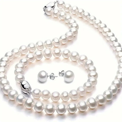 Fashionable and Elegant Freshwater Freshwater Pearls Jewelry Set(including Exquisite Necklace, Bracelet, Earrings) Women's Jewelry Freshwater Pearls Set for Valentine's Day, Christmas, Anniversaries, All Kinds of Festivals, Special Occasions