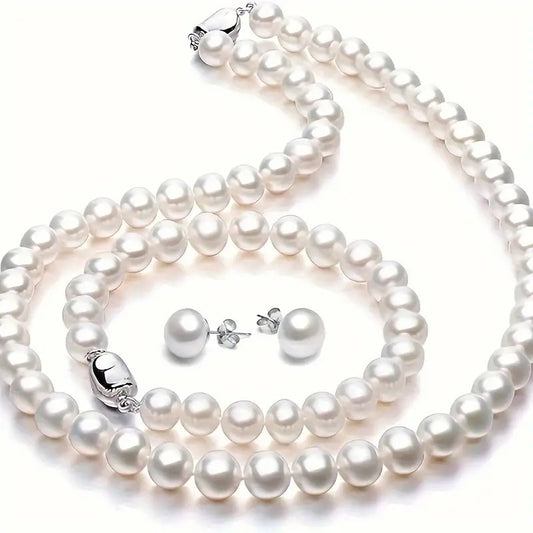 Fashionable and Elegant Freshwater Freshwater Pearls Jewelry Set(including Exquisite Necklace, Bracelet, Earrings) Women's Jewelry Freshwater Pearls Set for Valentine's Day, Christmas, Anniversaries, All Kinds of Festivals, Special Occasions
