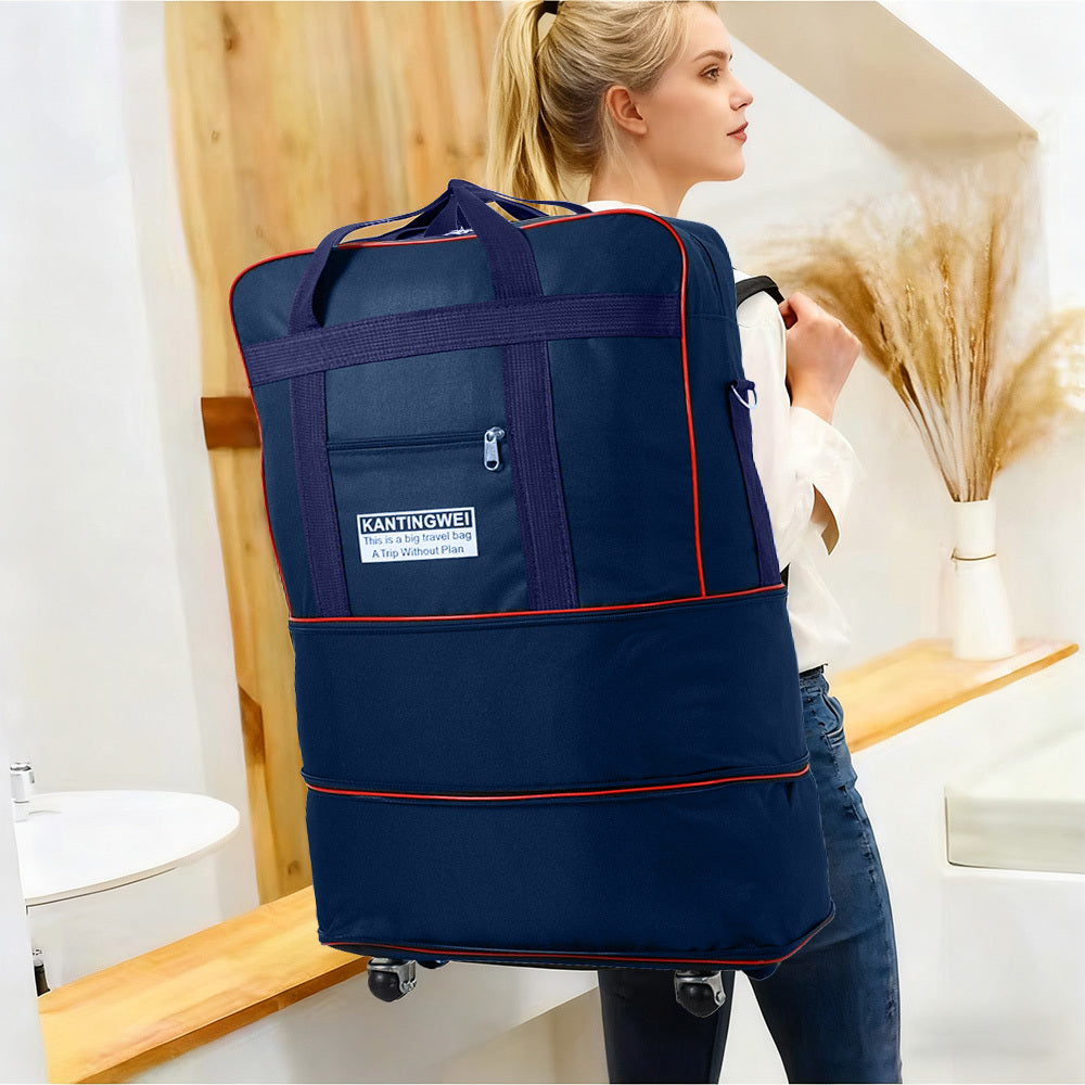 Large Capacity Foldable Travel Bag with Wheels, Oxford Rolling Luggage with Lock, Backpack Travel Duffle, Lightweight Suitcase, Versatile Travel Tote for Airport, Train Travel, Outdoor Trips, Travel Storage Bag, Clothing Protection Bag 1PC