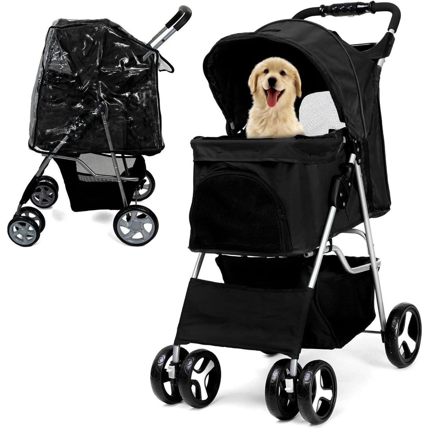 Foldable Pet Stroller With Rain Cover, Portable Foldable Outdoor Walking Cart with Large Space, Hand-Pull Design, Durable Oxford Fabric, Ergonomic Handle & Ventilation Mesh, Lightweight & Sturdy Frame For Small To Medium Dogs - Outdoor Pet Carrier, Modern