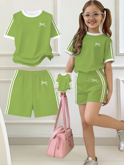 2pcs Set, Easy Bow Print Short Sleeve T-Shirt And Shorts Set, Star Style, Suitable for Spring And Summer, Back-To-School Outfit, Y2K Fashion, Campus Activities, Comfortable Casual, Fashionable And Playful, Hippie Style, Retro Sweet American Style
