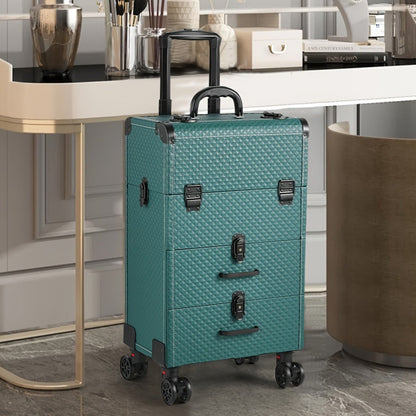 Large 3-in-1 Makeup Trolley Case – Professional Hairdressing Vanity Beauty Box with Wheels, PU Aluminium Frame Cosmetic Storage, 37x25x56cm, Rose Gold & Black