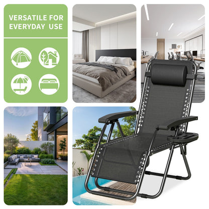 Zero Gravity Chair Foldable Reclining Outdoor Patio Lounge Chair with Padded Pillow Armrest Footrest Cup Holder Textilene Fabric Camping Garden Sunlounger Set of 1 or 2