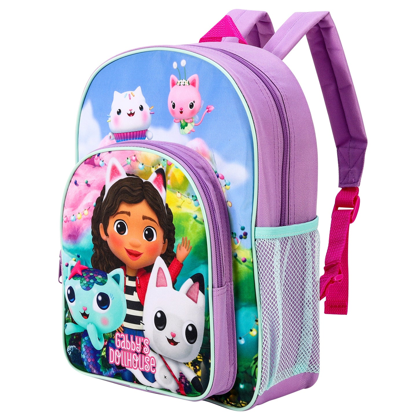 Gabby'S Dollhouse Kids Childrens Premium Backpack School Rucksack Travel Bag with Side Mesh Pocket And Front Zipped Pocket