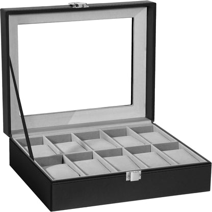 Uten Watch Box 10 Slots, Watch Case with Glass Lid, Watch Display Storage Box for Men and Women, Removable Watch Pillows, PU leather