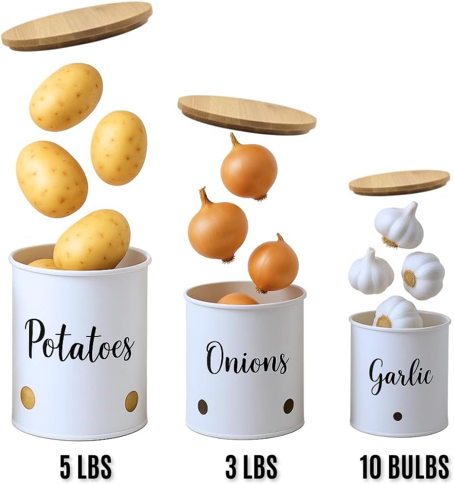 Trendi 3-Pack Stackable Vegetable Storage Tins – White Round Metal Canisters for Potato, Onion & Garlic – Kitchen Pantry Jars with Lids & Air Vents