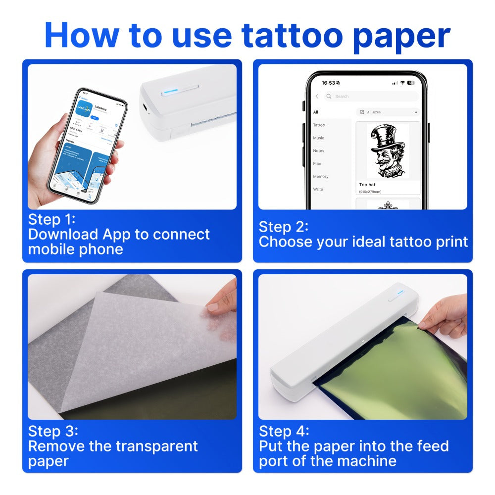 D810B Portable Inkless Thermal Printer A4 & US Letter – Wireless & USB, iOS & Android Compatible, Travel & Office Printer, Tattoo Stencil Printer, 20 Sheets Included