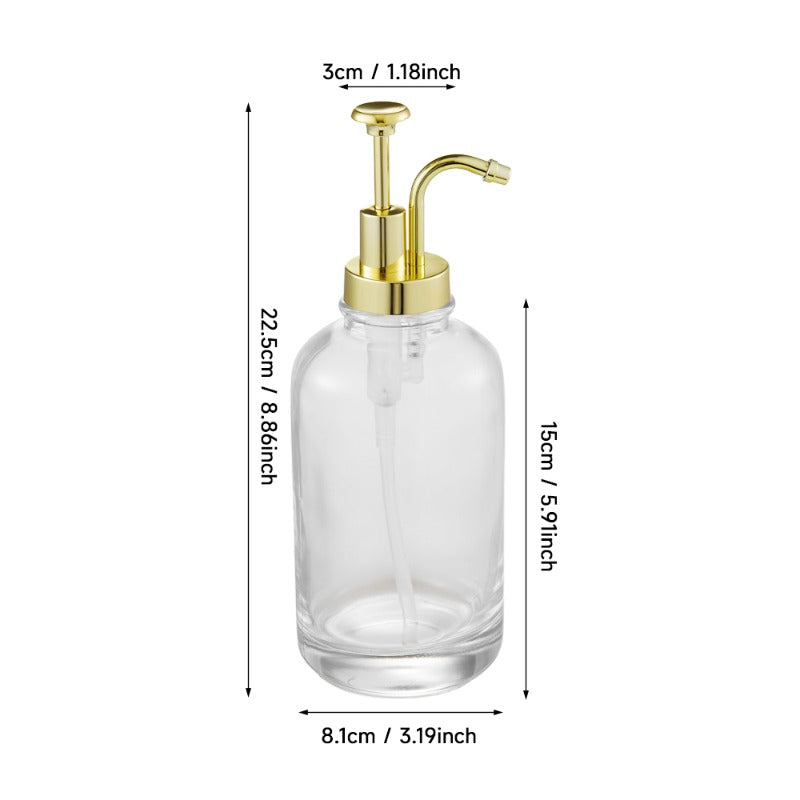 Glass Coffee Syrup Dispenser, Press-Type Liquid Dispenser 2pcs Set, Glass Honey Pot Honey Jar Shampoo and Conditioner Dispenser, 500ml, Gold