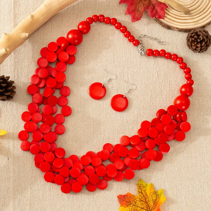 3pcs Bohemian Style Wooden Multi-Layer Necklace And Earrings 7 Colors Optional Women'S Jewelry Set