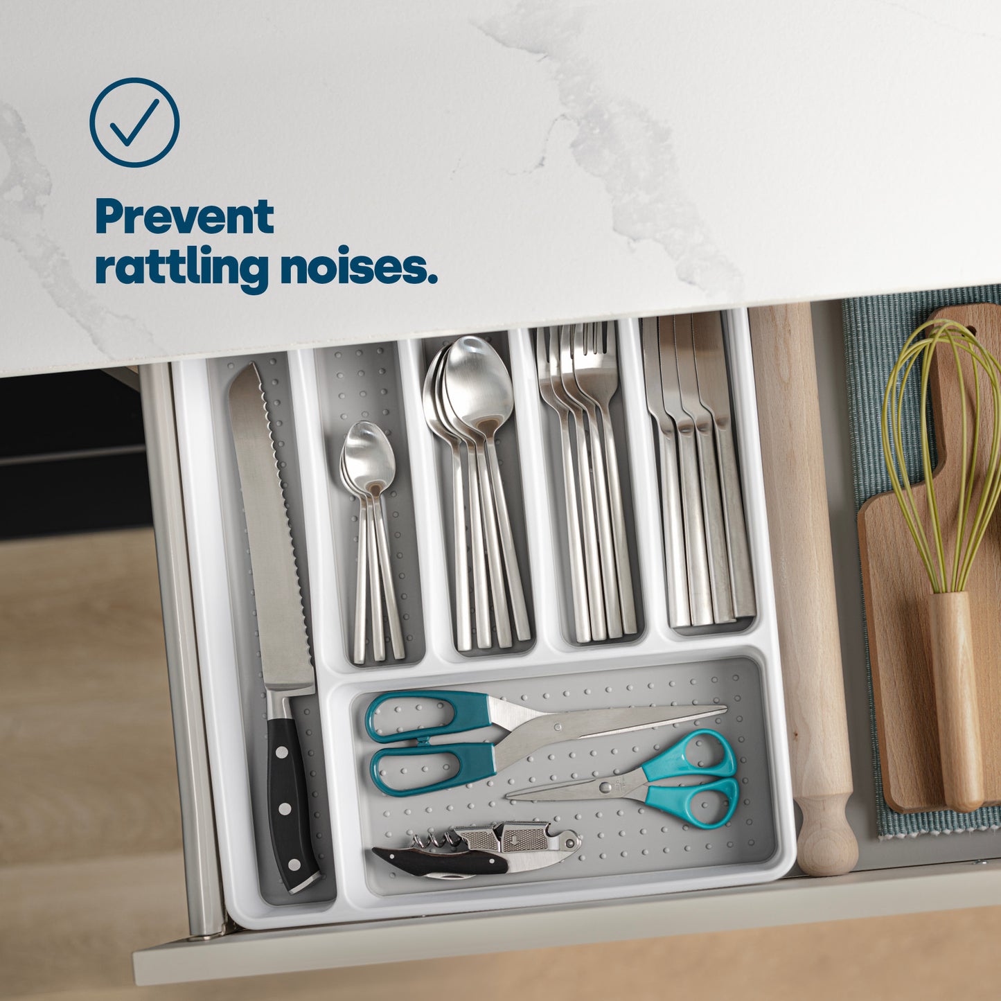 CUTLERY TRAY WITH 6 COMPARTMENTS, DURABLE NON-SLIP CUTLERY TRAY (WHITE/GREY)