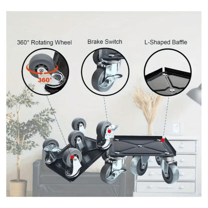Furniture Moving Wheels Set with Pry Bar & Pads – 360° Universal Swivel Rollers with Brake for Moving Sofas, Beds, Fridges, Washing Machines & Heavy Appliances on Wood, Laminate & Carpet