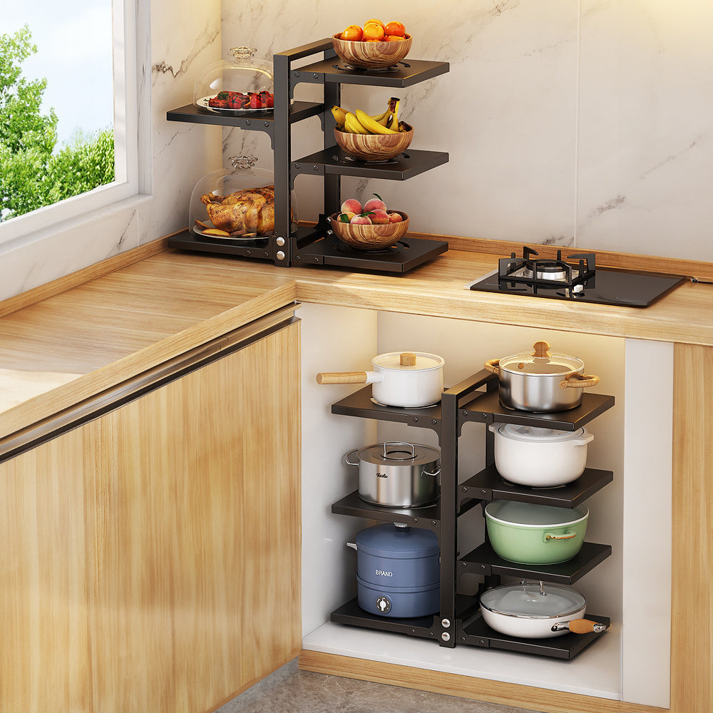 Large capacity independent pot rack cookware rack, baking utensil tray, flat cookware and utensil storage rack, fruit and vegetable rack, space saving floor standing sink shelf, black double-sided 3-layer+4-layer pot rack, high-quality materials - sturdy