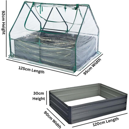 Raised Garden Bed with Greenhouse - 125 x 95 x 92 cm Compact Small Greenhouse With Metal Garden Bed included, Steel Frame, Clear PVC Cover, Zipped Roll up Windows For Plants, Vegetables, Garden