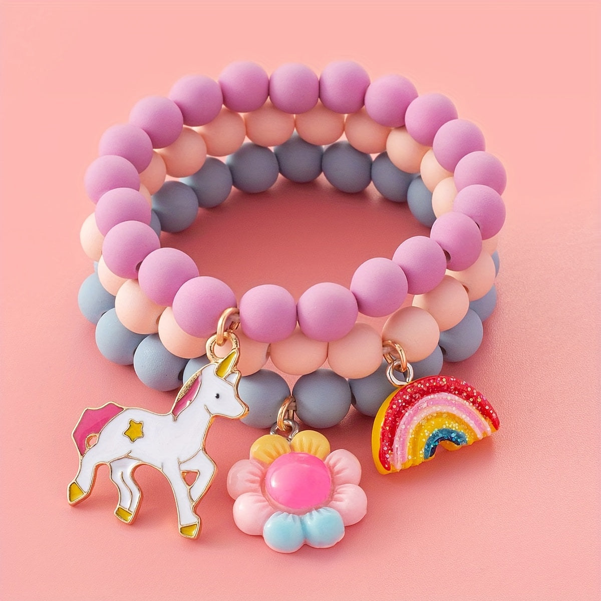 3pcs Cute Minimalist Unicorn Sunflower Rainbow Beaded Bracelets for Girls' Daily Wear