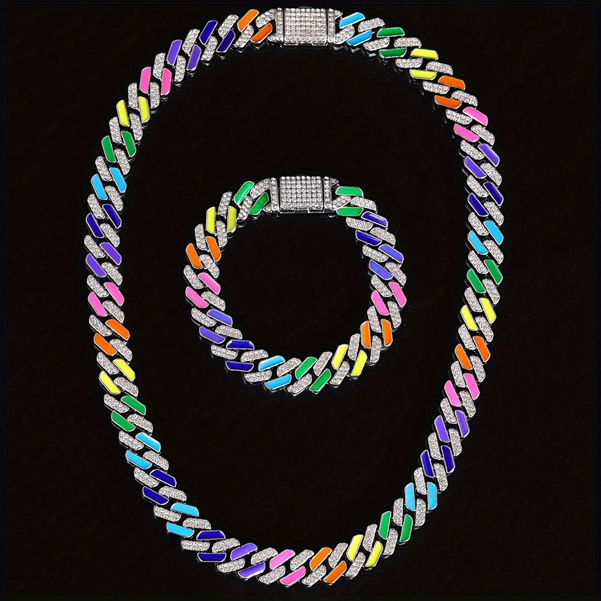 2pcs of Hip-Hop Fashion Style Colorful Oil Drop Spliced Innovative -Shaped Men'S Cuban Chain Fully Studded Necklace