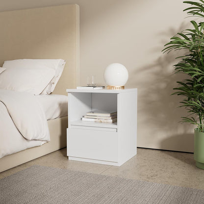 Narrow Bedside Table, Slim Beside Nightstand Cabinet Unit with 1 Drawer & Open Shelf, Wood Sofa End Side Table with Storage for Living Room/Bedroom/Hallway/Lounge/Small Space, White, 32x30x41cm