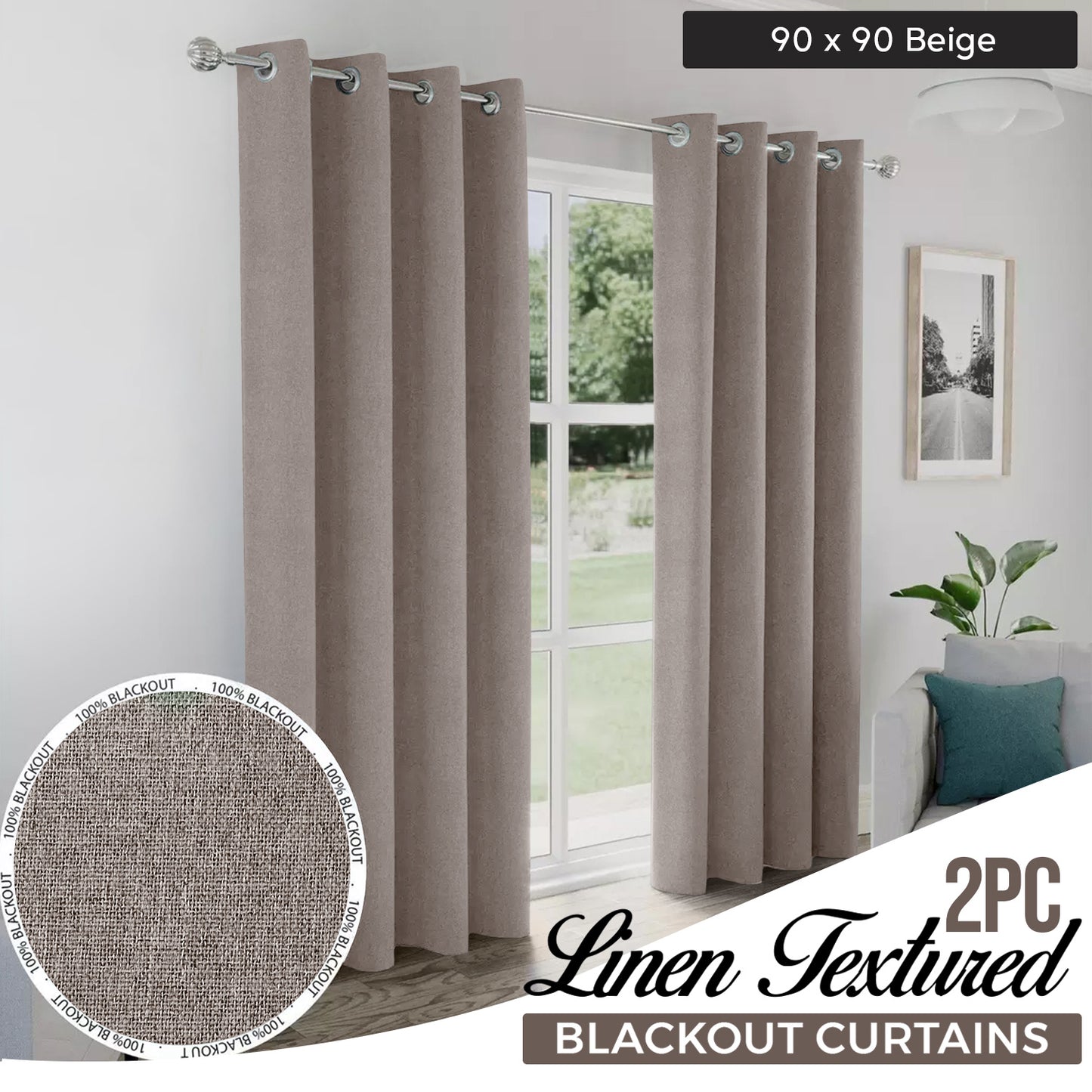2pcs Linen Textured Blackout Curtains – Linen-Look Coated Thick Fabric Grommet Top Drapes for Bedroom & Living Room, Noise Reducing Energy Saving Window Panels for Home Decor 135GSM