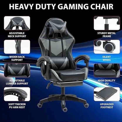 Gaming Chair with Footrest & Lumbar Support – Ergonomic Reclining Office Chair with Optional Massage, 120kg Capacity, High Back Swivel