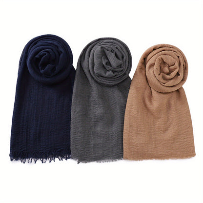 3pcs/Lot Solid Color Bubble Pleated Warm Autumn And Winter Scarf Solid Color Muslim Headscarf Hijab Scarf Ramadan
