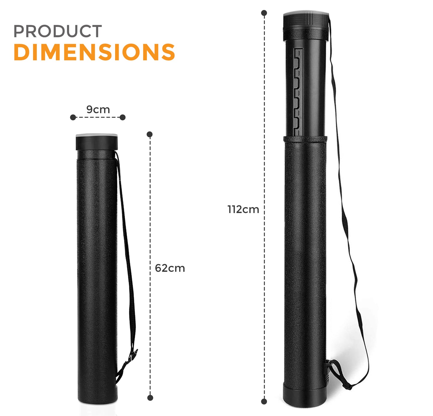 Adjustable Artist Drawing Tube, Telescopic Compact Teletube Storage Carrying Tube for Artworks, Drawing, Flip Chart, Arrow Tubes with a Carry Strap, Black (Small - 112 x 9 cm)